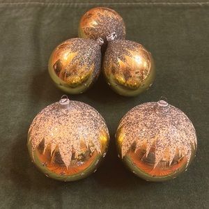 5 Vintage Hand Decorated Gold & Glitter Glass Christmas Ornaments West Germany